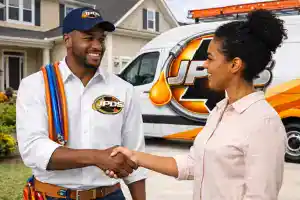 Plumber in blue uniform talking with a woman at her home.